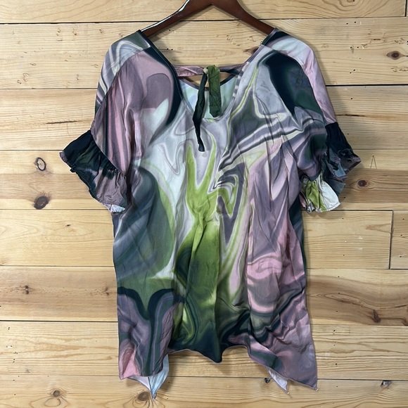 Tutu & Lilli silky tie dyed ruffle top blouse tunic boho hippie festival LG XL - Picture 12 of 12